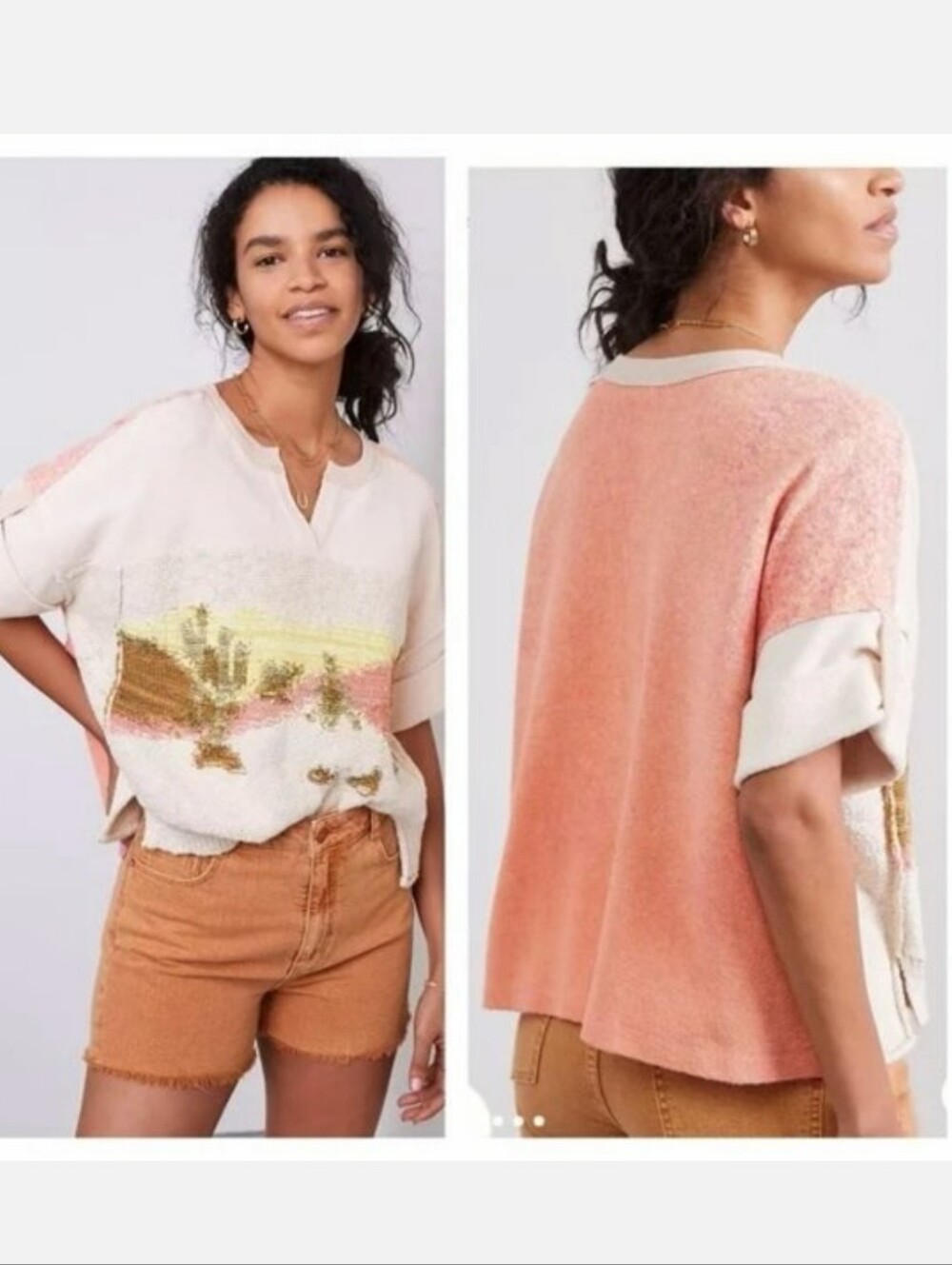 PILCRO Anthropologie Desert Intarsia Knitted Tee Cactus Print Sweater Z540-8 XS - Picture 2 of 11